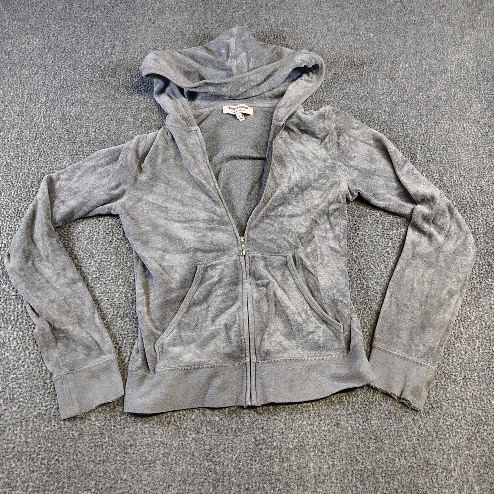 Juicy Couture Hoodie Women S Grey Velour Distressed Crown Y2K Zip Up Sweatshirt